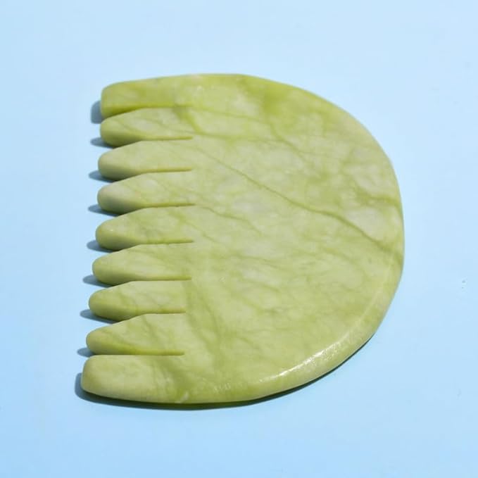 Gua Sha Comb - Moon Shape, Natural Jade Stone Scalp Massager for Head Hair Caring, Jade Guasha Scraping Massage Therapy Tool for Full Body Relax, Meridian Pressure Massager