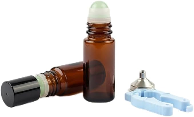 2 Pcs 1.7oz Amber Glass Roll On Bottles with Jade Roller Balls | Leak-Resistant Design for Essential Oils, Perfume & DIY Deodorant | Refillable, Includes Funnel & Opener (50ML Green)