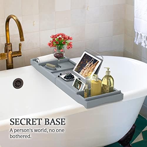 Bath Caddy Tray for Bathtub - Bamboo Adjustable Organizer Tray for Bathroom with Soap Dish Suitable for Luxury Spa or Reading(Bluish Grey) - Image 2