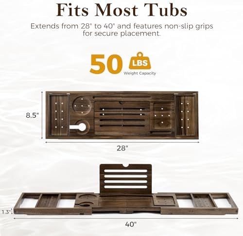 Teak Bathtub Tray, Expandable Bath Tray for Tub 28–40in, Foldable Bath Caddy with Wine Holder, Phone & Tablet Stand, Wooden Bathtub Organizer, Luxury Spa Bathroom Accessories Gift - Dark Walnut Finish - Image 4