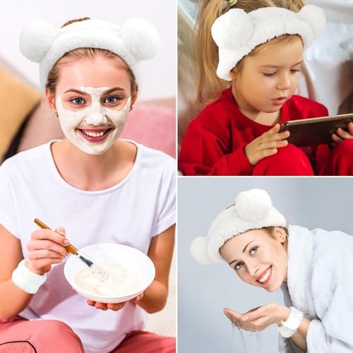 AHONEY Spa Bear Ears Headband, Face Wash Headband and Wristband Set, Cute Makeup Skincare Headbands Wrist Bands for Washing Face for Women Girls Elastic Hair Band (White) - Image 6
