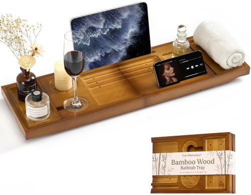 Bamboo Bathtub Tray - Luxury Bath Tray with Expandable Handles, Wine Glass and Phone Holders, Book Stand - Perfect for Home Spa Relaxation and Reading - Natural Bath Accessories - Brown Color by FunMemories