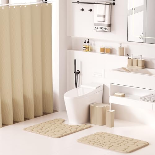 XLHOMO Bathroom Set - Bathroom Sets with Shower Curtain and Rugs, Beige - Image 2