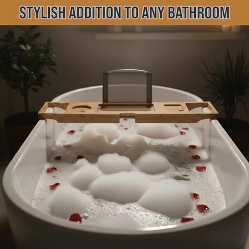 Bamboo Bathtub Caddy Tray with Extending Wood Sides -Fits Any Bath, Hot Tub and Jacuzzi - Image 4