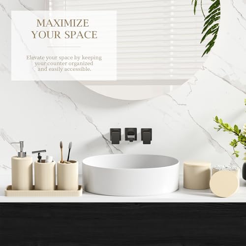 6-Piece Beige Bathroom Set - Mesh Textured Resin Bathroom Accessories Set with Soap Dispenser, Toothbrush Holder, Cup, Vanity Tray & Apothecary Jars for Small Spaces - Image 6