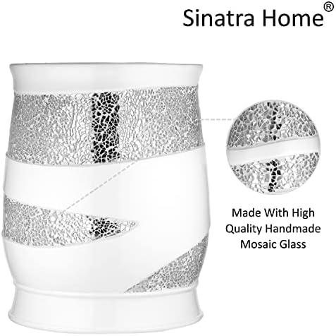 Zahari Home 2pc Sinatra White Modern Bath Accessories Set Waste Basket & Tissue Box Modern Decorative Beautiful Designs Bathroom Decor Set for Home Luxury Bath Set Mosaic Glass - Image 4