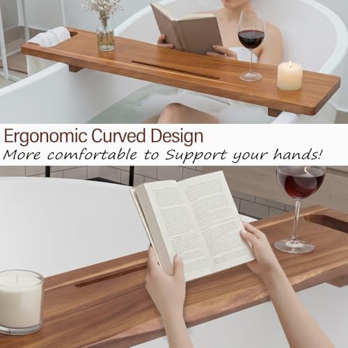 Adjustable Acacia Wood Bathtub Tray Caddy, 39" L with Handles - Image 5