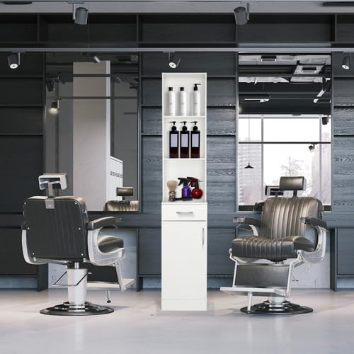 mefeir Salon Station, Barber Hair Stylist Storage Cabinet with Drawer, 5 Compartments & Shelf, Durable MDF, Organizer Equipment for Beauty Salon, Barbershop, White