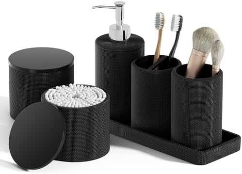 6-Piece Black Bathroom Set - Mesh Textured Resin Bathroom Accessories Set with Soap Dispenser, Toothbrush Holder, Cup, Vanity Tray & Apothecary Jars for Small Spaces by LetUsMakeHomeYourFavoriteDestination