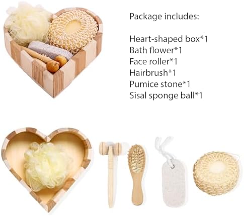 5Pcs Bath Shower Set in Heart Wooden Trinket Box Hair Brush for Women,Birthday Gifts,Bath & Shower Spa Basket Gift Set for Women for Body Back Legs and Foot,Gift for Mom - Image 3