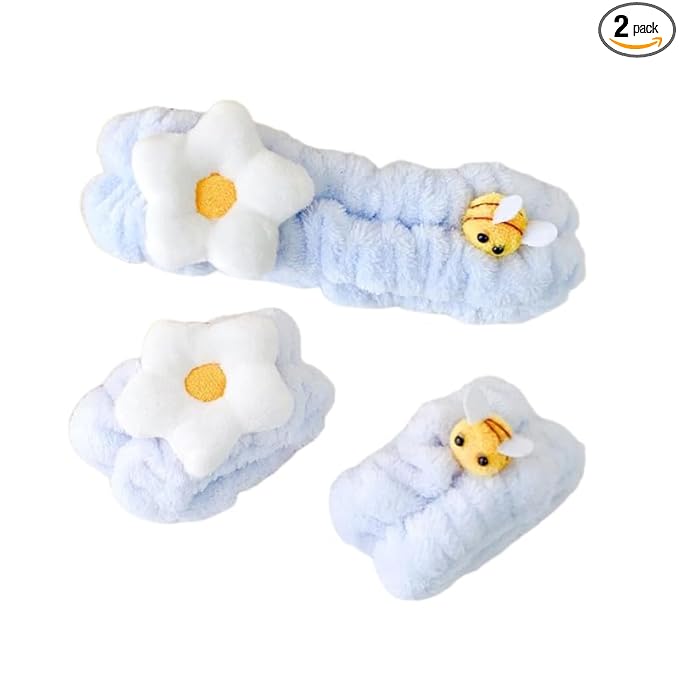 PERFECTSIGHT Kawaii Headband for Spa, Makeup, Washing Face, Party - 2 Pack Cute Hair Band for Shower Beauty Skincare, Soft Facial Headbands for Girls and Women (Blue Flower Bee)