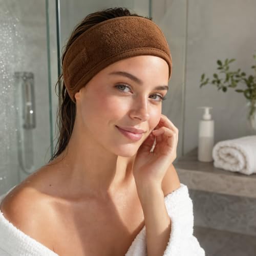Whaline 4Pcs Spa Facial Headbands Make Up Wrap Head Terry Cloth Headband Soft Adjustable Towel Band for Face Washing Shower Facial Cover Yoga (Coffee) - Image 6