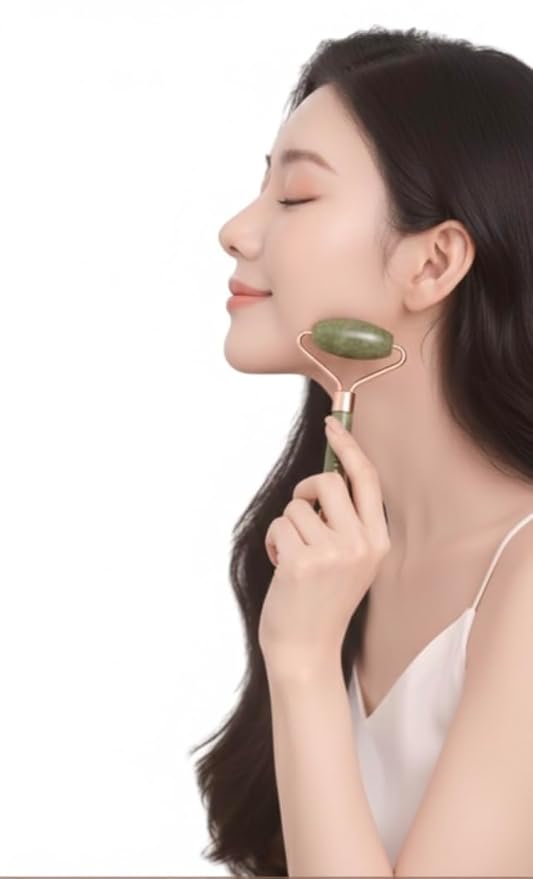 Green Jade Natural Stone Curved Facial Roller & Guasha Set - Jade Facial Massage and Face Sculpting Tool by Ikisatori (Green Jade)