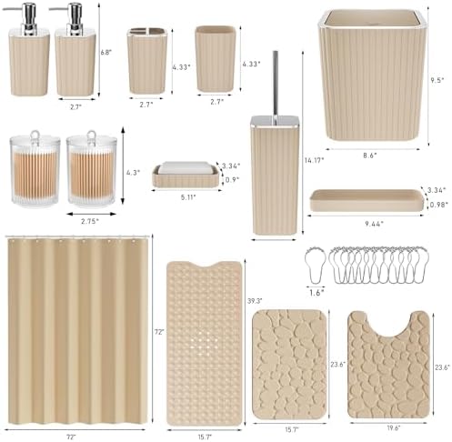 XLHOMO 26PC Bathroom Accessories Set - Gorgeous Bathroom Set, Beige Bathroom Accessory Set, Shower Curtain Set with Bathtub Mats for Shower Tub, Trash Can & Soap Dispenser - Image 3