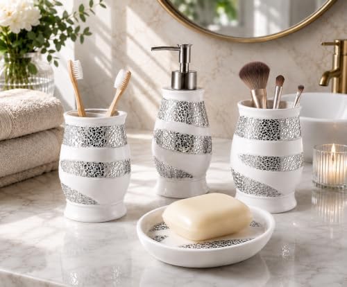 Zahari Home 4pc Sinatra Stylish Bathroom Accessories Set White Soap Dispenser, Tumbler, Tooth Brush Holder and Soap Dish Modern Classic Luxury Decor Bling Mosaic Glass White Bathroom Accessories by ZahariHome