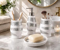 Zahari Home 4pc Sinatra Stylish Bathroom Accessories Set White Soap Dispenser, Tumbler, Tooth Brush Holder and Soap Dish Modern Classic Luxury Decor Bling Mosaic Glass White Bathroom Accessories by ZahariHome