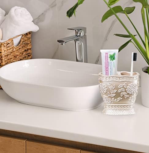 Zahari Home 4pc Rose Vine Bathroom Accessories Sets Lotion Pump, Tumbler, Tooth Brush Holder and Soap Dish Unique Design Beige Bathroom Set - Image 4