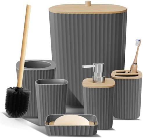 Clara Clark Bathroom Set - Grey Bathroom Accessories Set, 6PC Bathroom Accessory Set, Bathroom Sets with Toilet Brush, Trash Can & Soap Dispenser by ClaraClark