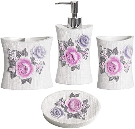 Zahari Home 4pc Michelle Bathroom Accessories Sets Lotion Pump, Tumbler, Tooth Brush Holder and Soap Dish Unique Design Floral Bathroom Set by ZahariHome