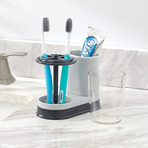 mDesign Plastic Toothpaste and Toothbrush Holder Center with Cup/Cover - Organizer for Bathroom Vanity Countertop - Holds Paste, Floss, Accessories - Hyde Collection - Light Gray/Charcoal - Image 2