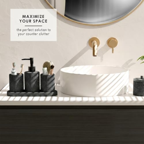 Clara Clark Bathroom Set - Coal Black Bathroom Accessories Set, 5PC Bathroom Accessory Set, Bathroom Sets with Soap Dispenser, Toothbrush Holder, Tumbler, Cotton Swab Jar & Vanity Tray - Image 6