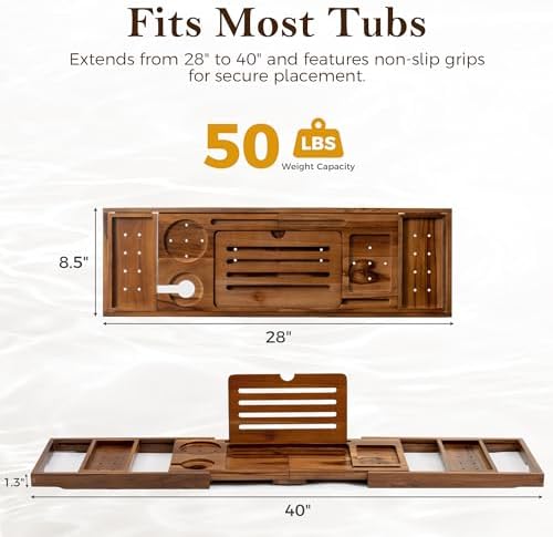 Teak Bathtub Tray for Tub, Expandable Bath Tray 28–40in, Foldable Bathtub Caddy with Wine Glass Holder, Phone & Book Stand, Wooden Bath Tray Organizer, Luxury Bathroom Accessories Gift - Light Walnut - Image 3