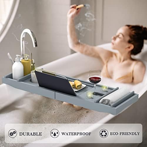 Bath Caddy Tray for Bathtub - Bamboo Adjustable Organizer Tray for Bathroom with Soap Dish Suitable for Luxury Spa or Reading(Bluish Grey) - Image 5