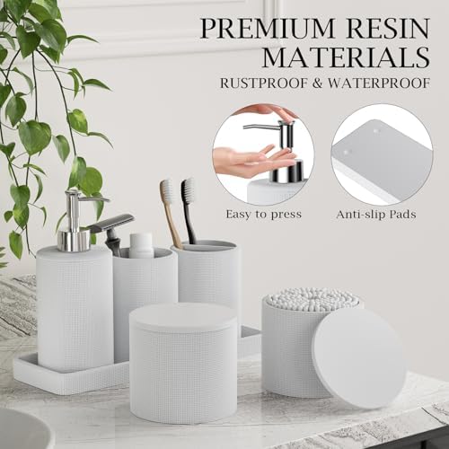 6-Piece White Bathroom Set - Mesh Textured Resin Bathroom Accessories Set with Soap Dispenser, Toothbrush Holder, Cup, Vanity Tray & Apothecary Jars for Small Spaces - Image 4
