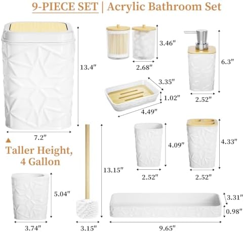 Bathroom Accessory Set, 9-Piece White Bathroom Set with Trash Can, Toilet Brush, Soap Dispenser, Soap Dish, Toothbrush Holder, Tumbler, Q-tip Holders & Tray, for Hotel/Apartment, Housewarming Gift - Image 2