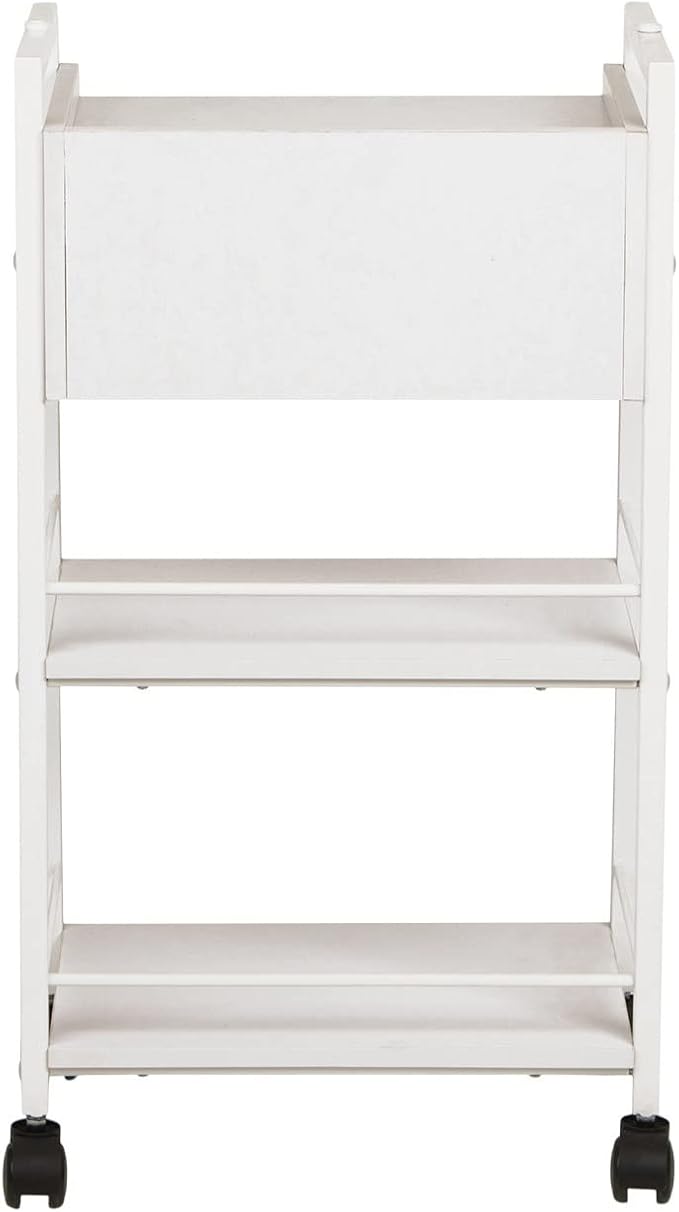Buy-Rite Jenny Trolley Cart - 3-Tier Rolling Utility Cart for Spas, Estheticians & Salons, White Wood Organizer with Drawer, Open Shelves, Post Holes & Smooth Casters - Model TS-4205