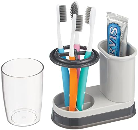 mDesign Plastic Toothpaste and Toothbrush Holder Center with Cup/Cover - Organizer for Bathroom Vanity Countertop - Holds Paste, Floss, Accessories - Hyde Collection - Light Gray/Charcoal - Image 6