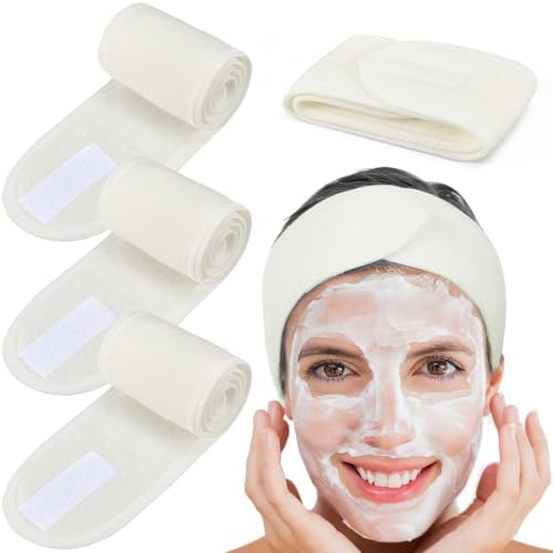 Whaline 4Pcs Spa Facial Headbands Make Up Wrap Head Terry Cloth Headband Soft Adjustable Towel Band for Face Washing Shower Facial Cover Yoga (Beige) by Whaline