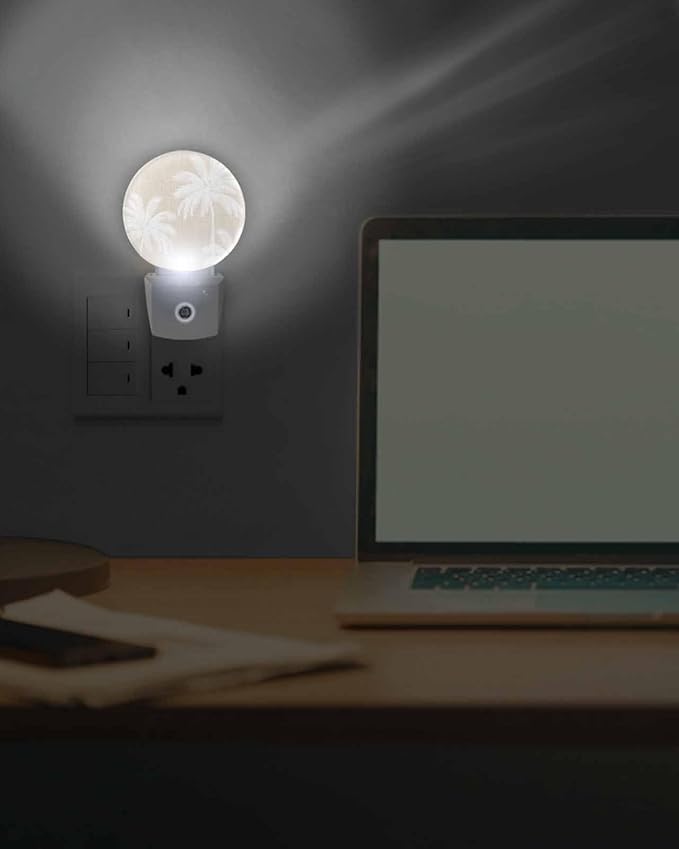 Night Lights Auto Sensor Tropical Palm Trees Night Light Beige Linen Coastal Round Lamp Plug-in LED Nightlights Dusk to Dawn for Living Room Bedroom Bathroom Hallway Wall Decor