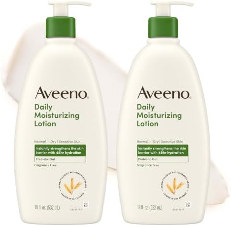 Aveeno Daily Moisturizing Body Lotion for Normal to Dry Skin with Soothing Prebiotic Oat, Non Greasy, Non Comedogenic, Fragrance Free Body Lotion for Women & Men, 18 fl oz by Aveeno