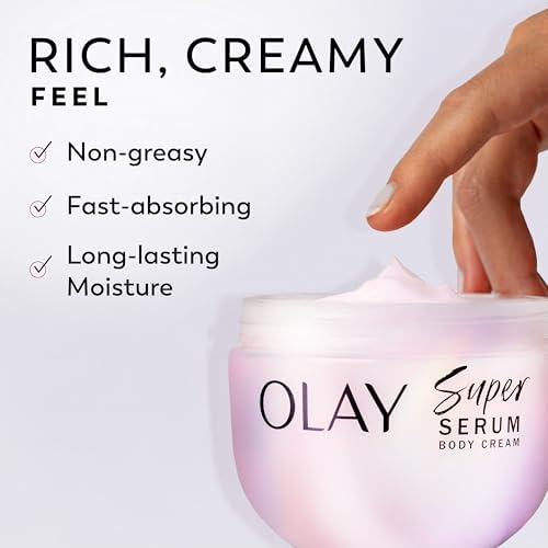 Olay Super Serum Body Cream for Dry Skin, 24hr Long Lasting Hydration, 5+ Ingredient Serum Complex for Bright Even Firm Luminous Skin, Sweet Vanilla & Soft Wood Scent,10 Fl Oz (Pack of 12) - Image 6