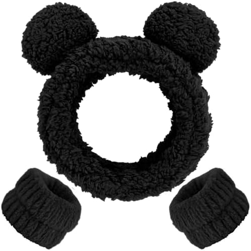 AHONEY Spa Bear Ears Headband, Face Wash Headband and Wristband Set, Cute Makeup Skincare Fluffy Headbands Wrist Bands for Washing Face Elastic for Women Girls Cosmetic (Black) by Ahoney