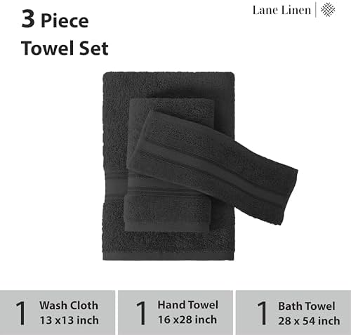 LANE LINEN Luxury Towels Set - 3 Piece Set, 100% Cotton Bathroom Towels, Zero Twist, Quick Dry Shower Towels, Absorbent Bath Towel, Super Soft, 1 Bath Towel, 1 Hand Towel, 1 Wash Cloths - Black - Image 3