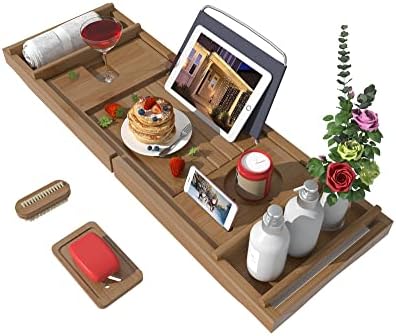 Bath Caddy Tray for Bathtub - Bamboo Adjustable Organizer Tray for Bathroom with Free Soap Dish Suitable for Luxury Spa or Reading(Walnut) by Bamfan