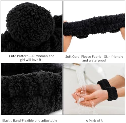 AHONEY Spa Bear Ears Headband, Face Wash Headband and Wristband Set, Cute Makeup Skincare Fluffy Headbands Wrist Bands for Washing Face Elastic for Women Girls Cosmetic (Black) - Image 5