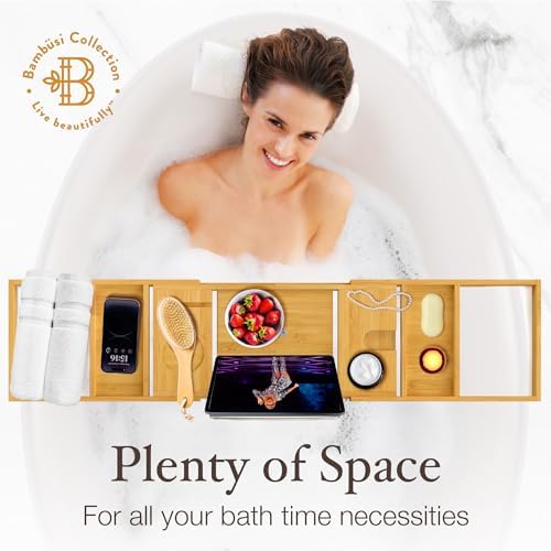 Bathtub Tray for Tub - Natural Bamboo Bath Tray, Expandable Wooden Bath Caddy Tray with Wine Holder, Book and Tablet Stand, Bathroom Accessories, Tub Table, Bridal Shower Gifts for Women - Image 6