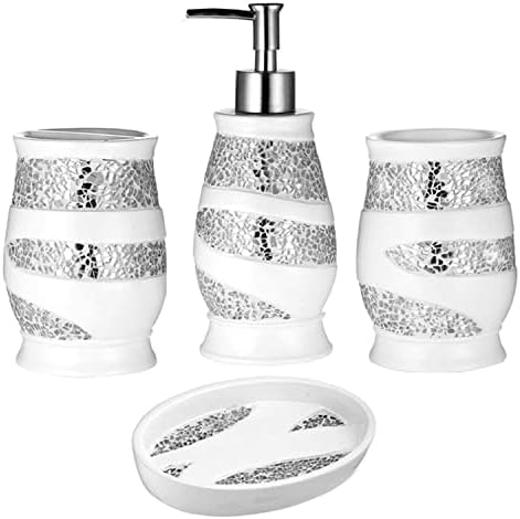 Zahari Home 4pc Sinatra Stylish Bathroom Accessories Set White Soap Dispenser, Tumbler, Tooth Brush Holder and Soap Dish Modern Classic Luxury Decor Bling Mosaic Glass White Bathroom Accessories - Image 4