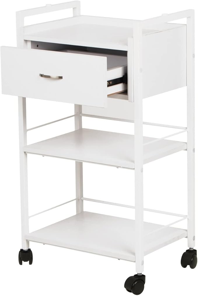 Buy-Rite Jenny Trolley Cart - 3-Tier Rolling Utility Cart for Spas, Estheticians & Salons, White Wood Organizer with Drawer, Open Shelves, Post Holes & Smooth Casters - Model TS-4205