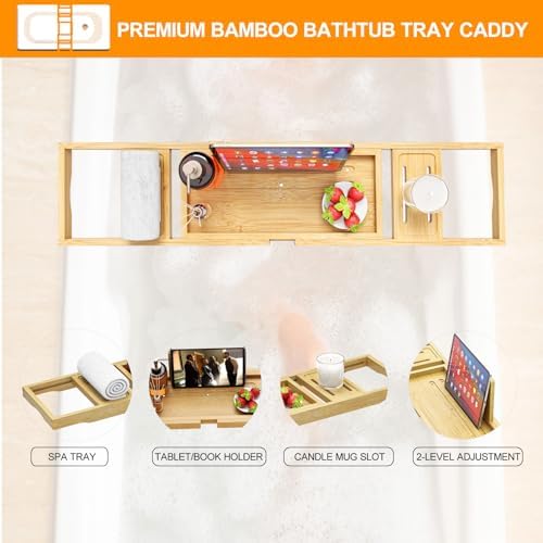 Premium Bathtub Tray - Expandable Bamboo Wooden Bath Trays for Bathub - Bath Tub Table Tray for Bathtub/Tub,Adjustable Size, Fits Most Tubs - Image 2