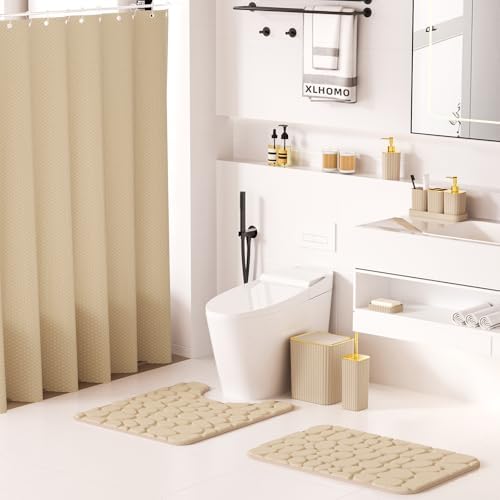 XLHOMO Bathroom Set - Bathroom Sets with Shower Curtain and Rugs, Beige - Image 2