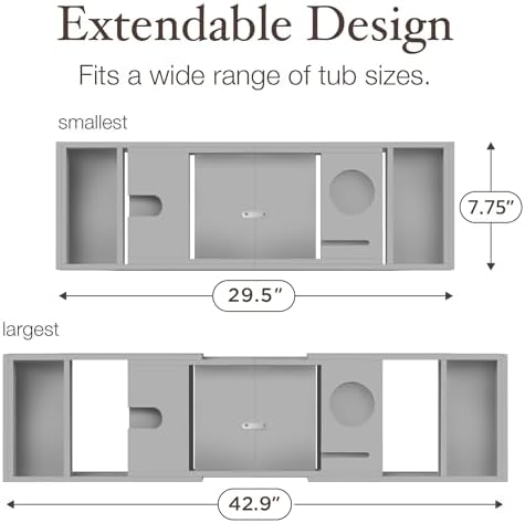 Bathtub Tray for Tub - Grey Bamboo Bath Caddy Tray, Expandable Wood Bathtub Caddy with Wine Glass Holder, Book and Tablet Stand, Bath Accessories, Spa Tub Table, Relaxation Gifts for Women and Mom - Image 7