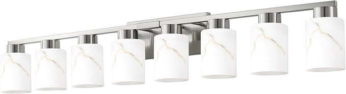 8-Light Bathroom Light Fixtures, Modern Vanity Lights, Brushed Nickel Metal Wall Lamp with White Marble Glass for Bathroom, Mirror, Living Room, Bedroom, Cabinet, Porch, Hallway, E26 Base