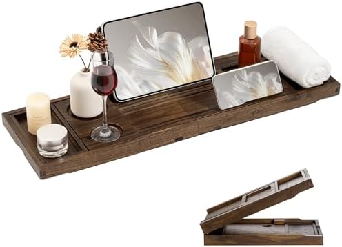 Teak Bathtub Tray, Expandable Bath Tray for Tub 28–40in, Foldable Bath Caddy with Wine Holder, Phone & Tablet Stand, Wooden Bathtub Organizer, Luxury Spa Bathroom Accessories Gift - Dark Walnut Finish by FunMemories