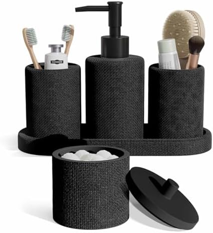 Clara Clark Bathroom Set - Black Bathroom Accessories Set, 5PC Bathroom Accessory Set, Bathroom Sets with Soap Dispenser, Toothbrush Holder, Tumbler, Cotton Swab Jar & Vanity Tray by ClaraClark