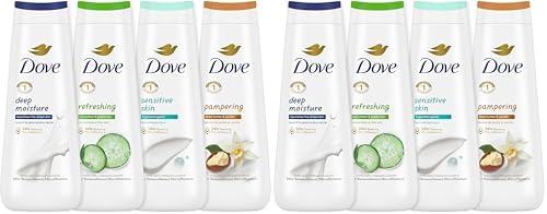 Dove Body Wash Deep Moisture,Sensitive Skin,Cucumber and Green Tea,and Shea Butter & Vanilla Collection Skin Cleanser with 24hr Renewing MicroMoisture 20 oz,(Pack of 8) by Dove