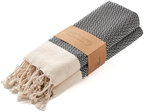 BAY LAUREL Turkish Hand Towel – Pack of 2 | Soft & Absorbent Decorative Towels for Bathroom, Hand, Face, Hair, Gym, Yoga, SPA, Kitchen & Tea | Boho Decor (Black, Diamond 16x40 Inches (Set of 2) by BayLaurel